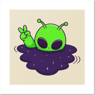 Cute Alien Drowning In Space Cartoon Posters and Art